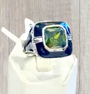 Lia Sophia Covet Green Peridot Stone & Black Enamel Square Ring Size 10