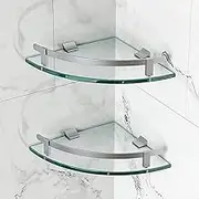 Bathroom Shelves, Glass Shelf Wall Mounted Glass Corner Shower Shelf with Aluminum Rail Glass Shelf for Bathroom (2 Pack)