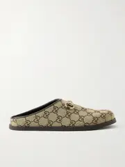 [Gucci] Gucci - New Sol Horsebit-detailed Leather-trimmed Canvas-jacquard Slippers - Beige - IT36 IT 36 Neutrals