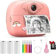 Instant Children's Photo Camera, HD 1080P Children's Photo Camera with 32GB Card and Printing Paper, Selfie Video Instant Camera for Children from 3 to 12 Years Old Gift Toy Christmas Toys