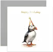 Old English Co. Puffin Happy Birthday Card for Her - Puffin Party Hat Birthday C