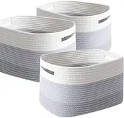 Uandhome Cotton Rope Storage Baskets for Organizing 3 Pcs 38*25*22.5cm Woven Baskets for Storage,Shelf Baskets Cube Storage Bins Towel Baskets,Toys Baskets Nursery Basket Laundry Baskets (White ash)