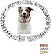 Dog Chain Collars, Diamond Necklace Metal Choke Cuban Link Dog Collar, 13mm Wide Pet Jewelry for Puppy Small Medium Large Dogs Cats Silver (12inch)