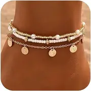 [Qceasiy] Shell Ankle Bracelet Set for Women, 14K Gold Boho Bead Adjustable Anklet, Hawaiian Beach Seashell Pearl Heart Starfish Conch Foot Jewelry Gifts