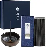 Asayu Japan Low Smoke Incense Gift Set with Incense Holder and Brass Stand, Japanese Zen Garden Blend Incense Sticks with Zen Ceramic Incense Holder 40g