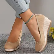 Women's Beige Woven Fabric Wedge Shoes – Comfortable Slip-On Platform Heels for Casual Summer and Daily Wear
