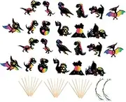Toddmomy 2 Sets Dinosaur Scratch Paper for Includes Scratch Cards Wooden Sticks and Ribbons Fun Crafting Activity for Home School and Creative Exploration
