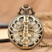 Retro Steampunk Bronze Spine Ribs Hollow Quartz Pocket Watch Necklace Chain Gift
