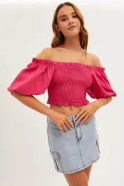 Pink Shirred Top Volume Short Sleeve Crop Linen Blend - Size 10, Women's Crop Top