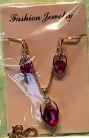 Gold-Tone Necklace & Earring Set With Red Teardrop Gemstone Design