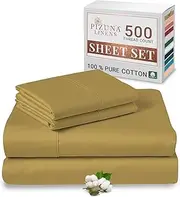 [Pizuna] Cotton Queen Sheet Set, 500 Thread Count 100% Combed Cotton Sateen Weave Queen Bed Sheet Set Include 1 Fitted Sheet, 1 Flat Sheet & 2 Pillow Cases (Mustard Gold Sheet Set - 4 PC)