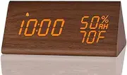 Circle-Q Digital Alarm Clock, with Wooden Electronic LED Time Display, 3 Alarm Settings, Humidity & Temperature Detect, Wood Made Electric Clocks for Bedroom, Bedside (Brown)