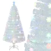 Costway 1.5m Pre-Lit Fiber Optic Christmas Tree Artificial Xmas Tree w/Iridescent Leaves Snowflake LED Lights