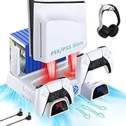 Dobceby PS5 / PS5 Slim Stand, Silent Cooling, Dual Controllers Charger for PS 5 Console, 3 Level Adjustable Fan Speed, P5 / P5 Slim Accessories, Headset and Remote Holder, White