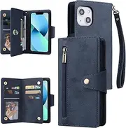 for iPhone 13 mini Case,for iPhone 13 mini Wallet Case[6 Card Slots and 1 Zipper Coin Pocket] PU Leather Stand Flip Cover with Wrist Strap[5.4 inch]-Blue