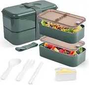 Yvttve Premium Bento Box Adult Lunch Box with 2 Compartments for Women & Men, Food Container with Utensil Set, Stackable Green Japanese Bento box, Rectangle, Leak-Proof & Microwavable