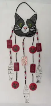 Handcrafted Fused Glass Whimsical Black/White Tuxedo Cat (Green eyes) Wind Chime