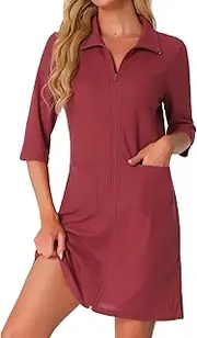 [cheibear] Womens Zip Up Robes Short House Coat 3/4 Sleeves House Dresses Waffle Lightweight Bathrobe Sleepwear with Pockets