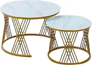 TINGTINGLI Coffee Table Set, 2 in 1 Coffee Table, Round Nesting Tables, Creative Multifunctional Tea Table with Black/Gold Frame for Living Room Bedroom Office(Gold frame+white)