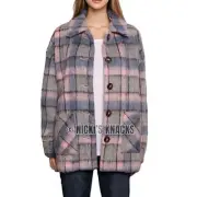 Cyrus Faux Fur Fuzzy Plaid Button Front Jacket Shacket Pink Gray & Blue Size S