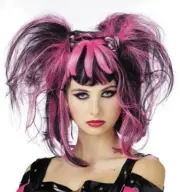 Pink & Black Adult Costume Wig + Flowers! Cosplay Gothic Bad Fairy Anime Vampire