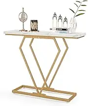 Giantex Modern Console Table, Faux Marble Narrow Entryway Table with Diamond Shape Geometric Frame, 100 cm Modern Accent Table with Anti-Tipping Device for Living Room Hallway Entrance, White & Gold