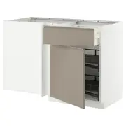 METOD / MAXIMERA corner base cab w drawer and p-out, white/Upplöv matt dark beige, 128x68x80 cm