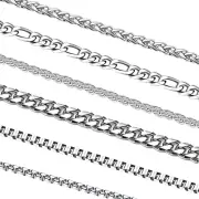 6 Pcs Silver Chains, Stainless Steel Cuban Link/Rope/Box/Figaro/Square Rolo/Whea