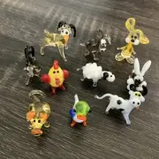 10 Mini Hand Blown Glass Farm Animal Cow Chicken Horse Pig