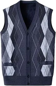 [Fulbant] Men's Sweater Vest V-Neck Sleeveless Plaid Knitted Cardigan Solid Argyle Sleeveless Jacket
