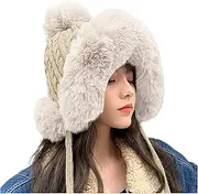 [Generic] Plaid Sleep Hat with Wool Thickening Hairball Solid Color Wool Knit Ear Hat Winter Trapper Cap