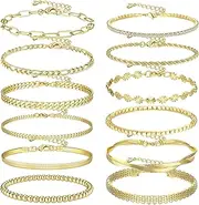 [Kakonia] 12Pcs Gold Chain Bracelet Jewelrys Set for Women Men Link Curb Cuban 14K Gold Plated Beaded Boho Stackable Adjustable Bracelet Jewelrys Paperclip Cuff Bangle Layered Jewellery Set