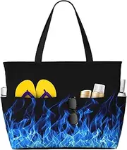 [Ghjkfbf] Blue Flame Print Large Capacity Beach Travel Bag For Family, Beach Tote Bag For Women With Zipper Pockets, Black, One Size