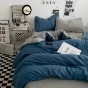 Blue-grey 1.5m Bed Fitted Sheet Set with 200x230cm Duvet Cover - 4-Piece Bedding
