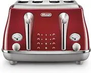 [De'Longhi] Icona Capitals 4 Slice Toaster CTOC4003.R, Reheat, Cancel and Defrost Functions, 6 Browning Levels, Removable Crumb Tray, 1800W, Red
