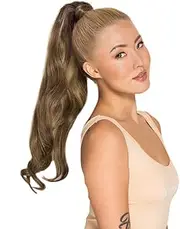 WENNALIFE Ponytail Extension, 55 cm, 80 g, Balayage, Chocolate Brown to Caramel Blonde, Ponytail Extension, Real Hair Clip-In Wrap around Remy Ponytail Real Hair