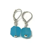 Raw Aqua Chalcedony Sterling Silver Drop Lever-back Earrings