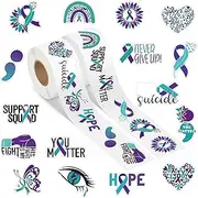 A1diee Suicide Prevention Awareness Sticker - 1000Pcs in 2 Rolls Sickers with 16 Suicide Teal Purple Ribbon Patterns Vinyl Waterproof Decal for Kids Gifts Laptop Scrapbooking Water Bottles Phone