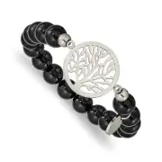 Chisel Stnls Steel Tree of Life 8mm Black Agate Beaded Stretch Bracelet 6.25"