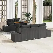 6 Piece Outdoor Dining Set for Patio, Black Poly Rattan Acacia Wood Table, Storage Seating for Balcony & Terrasse