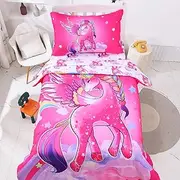 Cloele 4 Pieces Toddler Bedding Set for Girls - Unicorns Toddler Comforter Set includes Quilt Fitted Sheet Flat Sheet Reversible Pillowcase - Girls Pink Standard Toddler Comforter & Sheet Set