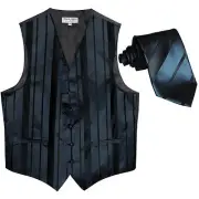 New formal men's tuxedo vest waistcoat & necktie vertical stripes navy blue prom