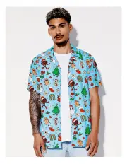 [Kenji] Blue Christmas Print Short Sleeve Rayon Shirt in Blue