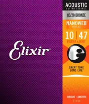 Elixir 11002 Nanoweb 80/20 Extra Light Acoustic Guitar Strings 10-47 Gauge