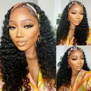 Headband Wig Human Hair Wigs 18-Inch Curly Deep Wave Headband Wig Wear and Go...