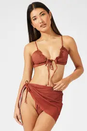 Brown Ruched Frill Bikini Set - Size M, Women's Bikini