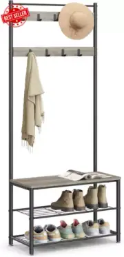 Hall Tree Coat Rack Shoe Bench Industrial Entryway Storage Greige Black Steel