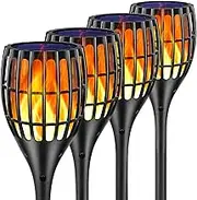 Solar Lights Outdoor - Flickering Flames Torch Solar Path Light - Dancing Flame Lighting 96 LED Dusk to Dawn Flickering Tiki Torches Outdoor Waterproof Garden, 4 Pack