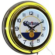 Corona Sign Yellow 15" Double Neon Clock Man Cave Diner Pub Bar