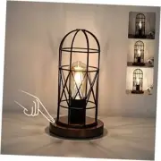 Touch Control Table Lamp, Industrial Bedside Lamp Bronze Base with Black Cage